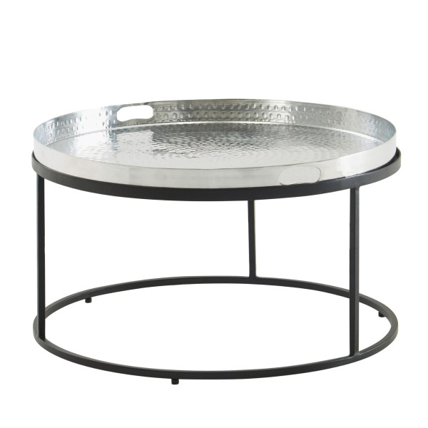 Wohnling Couchtisch Hammerschlag Metall 62x62x36 cm Sofatisch Aluminium Silber Schwarz, Design Wohnzimmertisch abnehmbares Tablett Rund, WL6.692