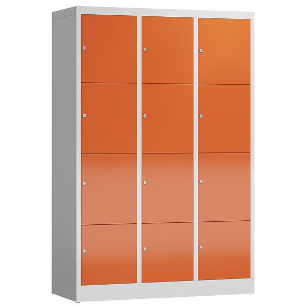 Lüllmann ClassiX Schließfachschrank, 3 Abteile à 4 Fächer, 1800 x 1185 x 500 mm, lichtgrau/feuerrot, X-523434
