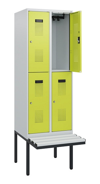 C+P Doppelstock-Spind Evolo PLUS, Bank, 4 Fächer, 1950x600x815mm, 7035/0024, Zylinderschloss, Sitzfläche Kunststoff, 0493405-20 S10150