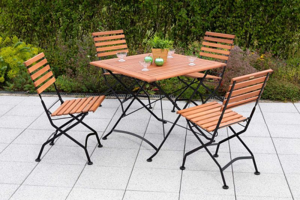 Merxx Schlossgarten Set 5-teilig, 4 Schlossgarten Klappstühle, 1 Schlossgarten Klapptisch, 90 x 90 cm, Flachstahl mit FSC Eukalyptusbelattung, 50133-217