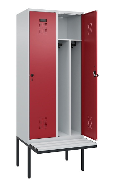 C+P Spind Evolo PLUS, 2 Abteile, 2120x800x815mm, 7035/3003, Haken 4, Drehriegel, Sitzfläche Kunststoff, Trennwand, 0490407-22F S10058