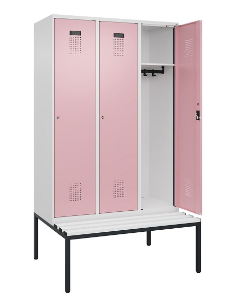 C+P Spind Evolo PLUS, 3 Abteile, 2120x1200x815mm, 9016/3015, Haken 4, Zylinderschloss, Sitzfläche Kunststoff, Sitzbank, 0490507-32 S10099