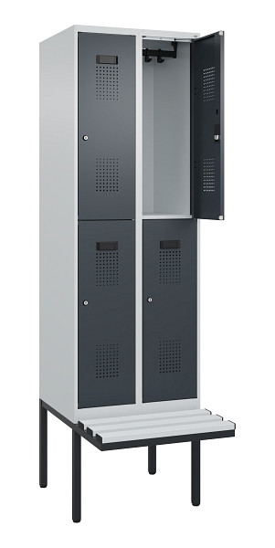 C+P Doppelstock-Spind Evolo PLUS, Bank, 4 Fächer, 2120x600x815mm, 7035/7016, Zylinderschloss, Sitzfläche Kunststoff, 0493407-20 S10120