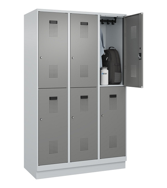 C+P Doppelstöckiger Spind Evolo PLUS, mit Sockel, 6 Fächer, 1950x1200x500mm, 703, Frontfarbe 0005000 RDS Stahlgrau, Zylinderschloss, 049320-32 S10041