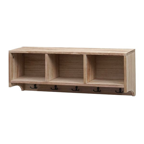 Mendler Wandregal HWC-K49, Garderobe Wandgarderobe Regal, 3 Staufächer 5 Haken 30x80x20cm Holz, naturbraun, 94414