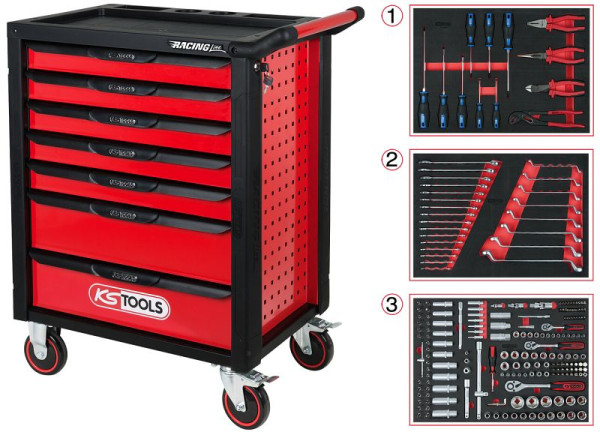 KS Tools RACINGline SCHWARZ/ROT Werkstattwagen mit 7 Schubladen und 215 Premium-Werkzeugen, 826.7215