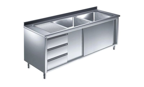 A&S Gastro Spülschrank mit Schubladenblock, 2 Becken rechts, Bautiefe 700 mm, 140x700x850 mm, SPSCH1472BR-S