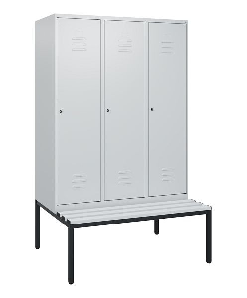 C+P Umkleidespind Classic PLUS, mit untergebauter Sitzbank, 3 Abteile, 1950x1200x815mm, 7035/7035, Zylinderschlösser, 0800505-32 S10054