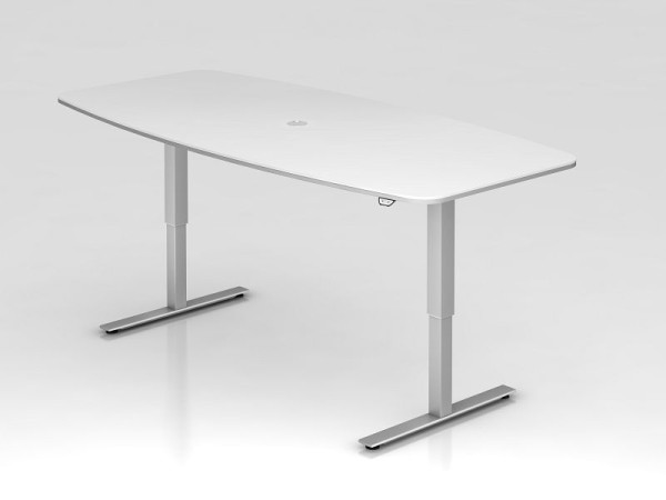 Hammerbacher Konferenztisch mit Tastschalter, Weiß, tonnenförmig, inkl. 1 Kabelauslass 8 cm, VXMST22/W/S