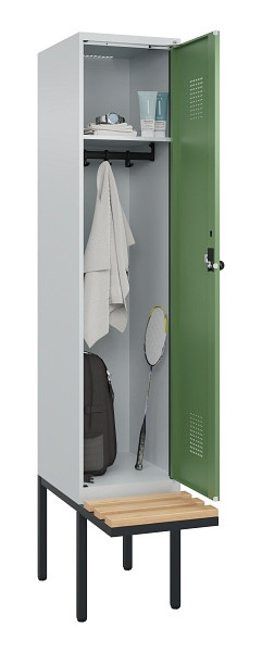C+P Spind Evolo PLUS, 1 Abteile, 2120x400x815mm, 7035/6011, Haken 4, Drehriegel, Sitzfläche Holz, 0490407-12 S10010