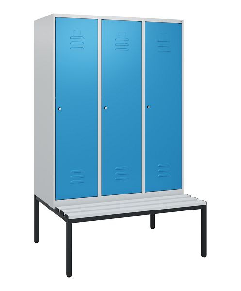 C+P Umkleidespind Classic PLUS, mit untergebauter Sitzbank, 3 Abteile, 1950x1200x815mm, 7035/5012, Zylinderschlösser, 0800505-32 S10049