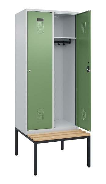 C+P Spind Evolo PLUS, 2 Abteile, 2120x800x815mm, 7035/6011, Haken 4, Zylinderschloss, Sitzfläche Buche-Hartholz, Sitzbank, 0490507-22 S10037