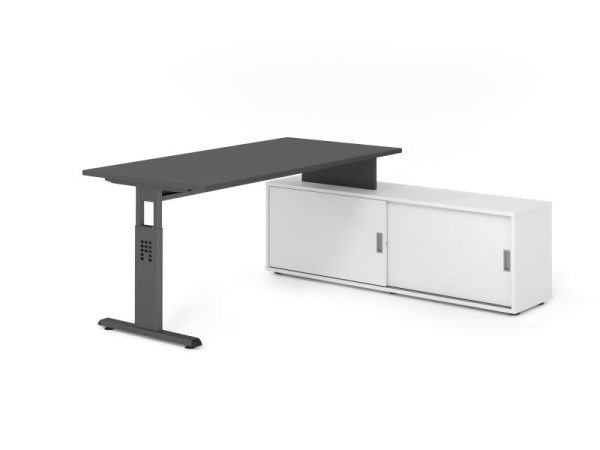 Hammerbacher Aufsatz-Schreibtisch OSE16, 160x80cm, Platte: Graphit, 25mm dick, T-Fuß Gestell Graphit, Weiß / Weiß, VOSE16SB/G/G/W/W