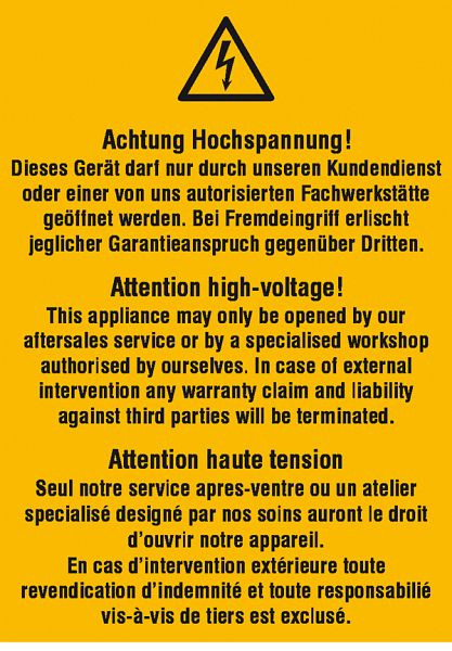SafetyMarking Warn-Kombischild, Achtung Hochspannung! Dieses Gerät darf nur durch unseren Kundendienst…, BxH 7,4x10,5 cm, Folie, selbstklebend, 21.0649
