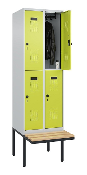 C+P Doppelstock-Spind Evolo PLUS, Bank, 4 Fächer, 2120x600x815mm, 7035/0024, Drehriegel, Sitzfläche Buche-Hartholz, 0493407-20 S10015