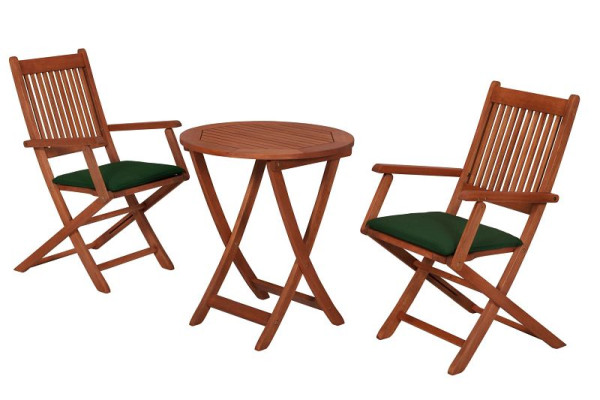 Merxx Rio Set 5-teilig, 2 Rio Klappsessel, 2 Sitzauflagen, grün, 1 Tisch, Ø 65 cm, FSC Eukalyptusholz, 50910-101