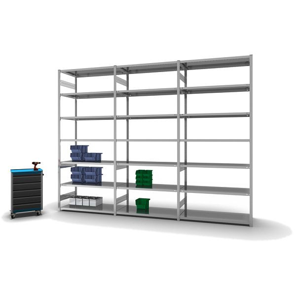 hofe Fachboden-Grundregal, 3000x600x1300 mm, 7 Fachebenen, verzinkt, 190 kg Fachlast, 1300 kg Feldlast, zweiseitige Bedienung, HZG30613AL