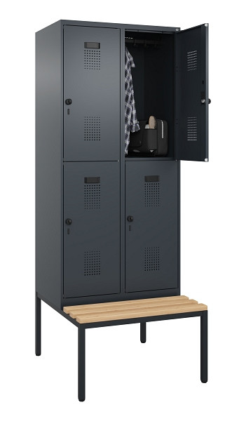 C+P Doppelstock-Spind Evolo PLUS, Bank, 4 Fächer, 2120x800x815mm, 7016/7016, Drehriegel, Sitzfläche Buche-Hartholz, Sitzbank, 0493507-22 S10016