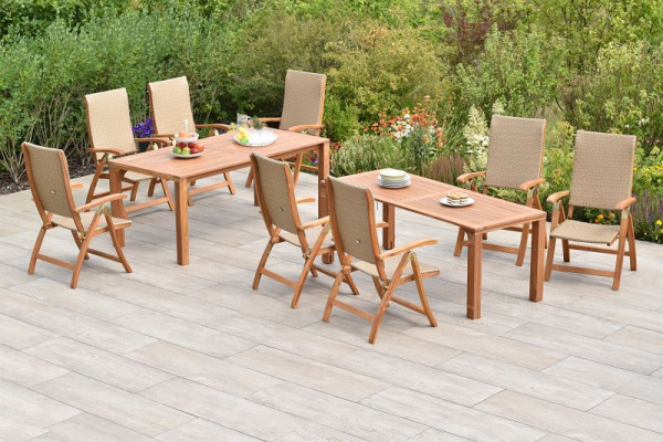 Merxx Capri Set 9-teilig, 8 Capri Klappsessel, 1 Flex Ausziehtisch 185/362,5 x 90/73,5 x 76/ 70 cm, Akazienholz, Natur, 50904-264