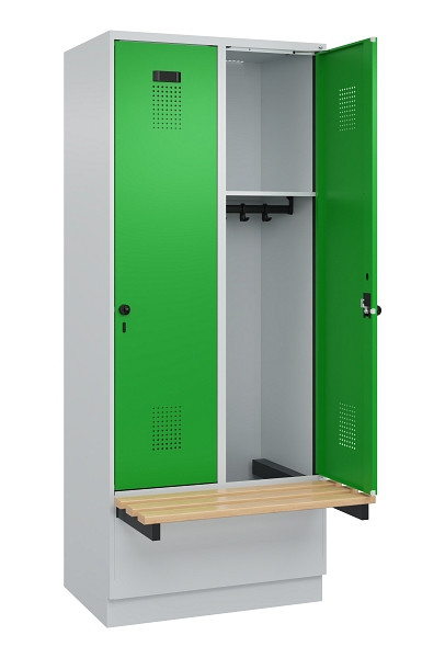 C+P Spind Evolo PLUS, 2 Abteile, 1950x800x815mm, 7035/6037, Drehriegel, Sitzfläche Holz, Sitzbank auskragend Sockel, 049040-22 S10011