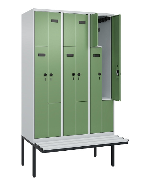 C+P Z-Spind Evolo PLUS, Bank, 6 Fächer, 2120x1200x815mm, 7035/6011, Drehriegel, Material Sitzfläche Kunststoff, 0490437-326 S10064