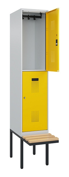 C+P Doppelstock-Spind Evolo PLUS, Bank, 2 Fächer, 2120x400x815mm, 7035/1023, Zylinderschloss, Sitzfläche Buche-Hartholz, 0493407-12 S10028
