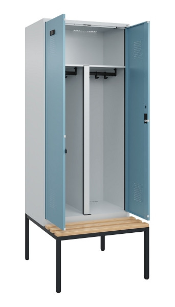 C+P PSA Doppel-Spind Evolo PLUS, Bank, 2 Abteile, 2120x800x815mm, 7035/0010, Zylinderschloss, Sitzfläche Buche-Hartholz, Sitzbank, 0490527-22P S10036