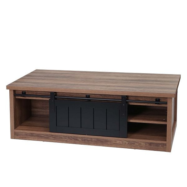Mendler Couchtisch HWC-K75, Beistelltisch Wohnzimmertisch, Schiebetüre 6 Staufächer, Holz-Optik Metall 44x120x60cm, braun, 97162+97633