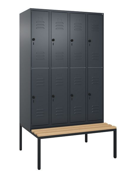 C+P Doppelstöckiger Spind Classic PLUS, 4 Abteile, 2120x1200x815mm, 7016/7016, Drehriegel, Buche-Sitzleisten, mit untergebauter Sitzbank, 0803507-40 S10012