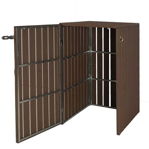 Mendler XL 1er-/2er-WPC-Mülltonnenverkleidung HWC-J28, Mülltonnenbox, Metall Holzoptik, erweiterbar, braun, 75979+75980