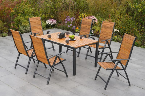 Merxx Santorin Set 7-teilig, 6 Klappsessel, Rückenlehne 5-fach verstellbar, 1 Tisch 150 x 90 cm, Aluminium mit FSC® Akazienholz, 50672-209