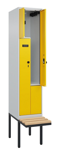 C+P Z-Spind Evolo PLUS, Bank, 2 Fächer, 2120x400x815mm, 7035/1023, Drehriegel, Sitzfläche Holz, 0490437-122 S10003