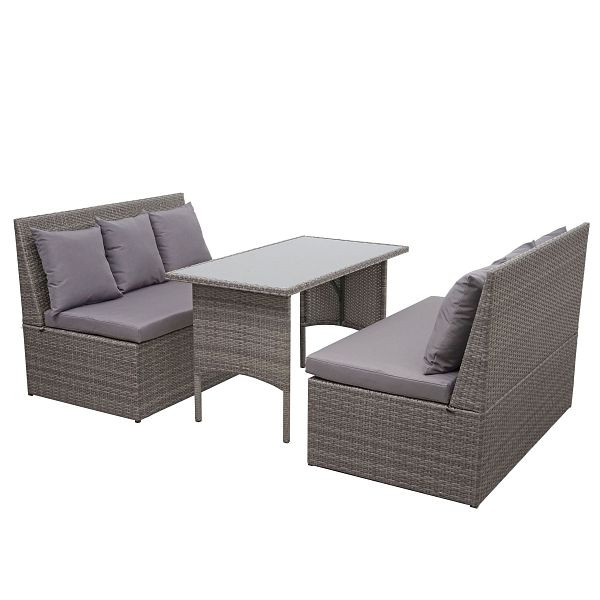 Mendler Poly-Rattan Garnitur HWC-G16, Garten-/Lounge-Set Sitzgruppe, Gastronomie 2x2er Sofa Tisch, grau, Kissen dunkelgrau, 70863