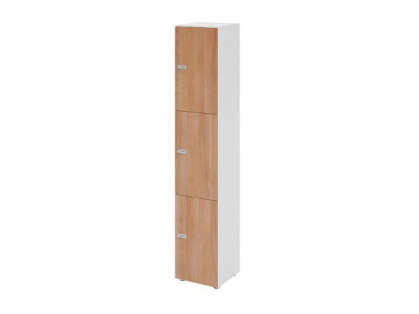 Hammerbacher Schließfachschrank schmal 6OH, 3 Türen, Korpus: weiß, Türen: Nussbaum, 40 x 40 x 215,6 cm (BxTxH), Zahlenschloss, V264L3/W/N/ZS