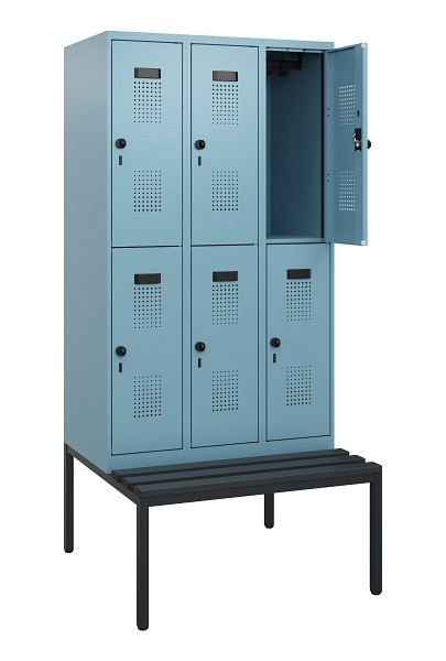 C+P Doppelstöckiger Spind Evolo PLUS, Bank, 6 Fächer, 1950x900x815mm, 0010/0010, Drehriegel, Sitzfläche Kunststoff, Sitzbank, 0493505-30 S10123