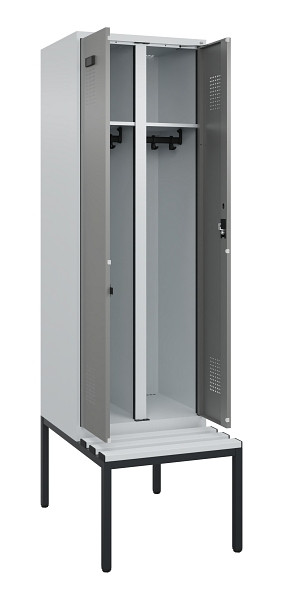C+P Schwarz-Weiß-Spind Evolo PLUS, Bank, 2 Abteile, 2120x600x815mm, 7035/0004, Zylinderschloss, Sitzfläche Kunststoff, Sitzbank, 0490527-20 S10095