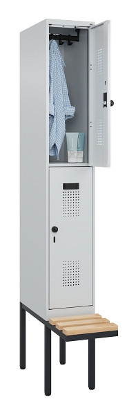C+P Doppelstock-Spind Evolo PLUS, Bank, 2 Fächer, 2120x300x815mm, 7035/7035, Drehriegel, Sitzfläche Buche-Hartholz, 0493407-10 S10013