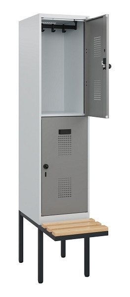 C+P Doppelstock-Spind Evolo PLUS, Bank, 2 Fächer, 1950x400x815mm, 7035/0004, Drehriegel, Sitzfläche Buche-Hartholz, 0493405-12 S10014