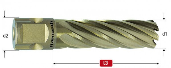 Karnasch HSS-XE Kernbohrer, Sandwich Nitto/Uni-Schaft 19mm, Nutzlänge 55mm, Gold-Line55 d=25mm, VE: 2 Stück, 201242025