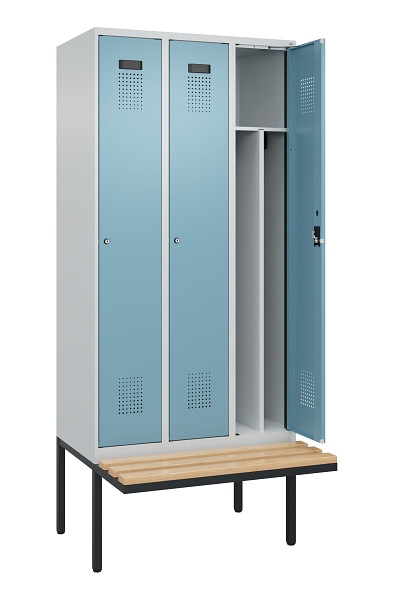 C+P Spind Evolo PLUS, 3 Abteile, 2120x900x815mm, 7035/0010, Haken 4, Zylinderschloss, Sitzfläche Holz, 0490407-30F S10036