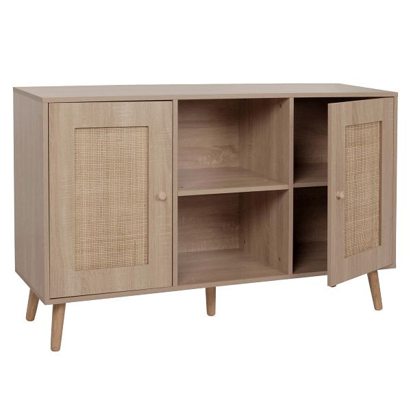 Mendler Sideboard HWC-M42, Schrank Kommode Highboard, Staufächer, Kubu Rattan Holz Melamin, Eiche-Optik, 104218+104219