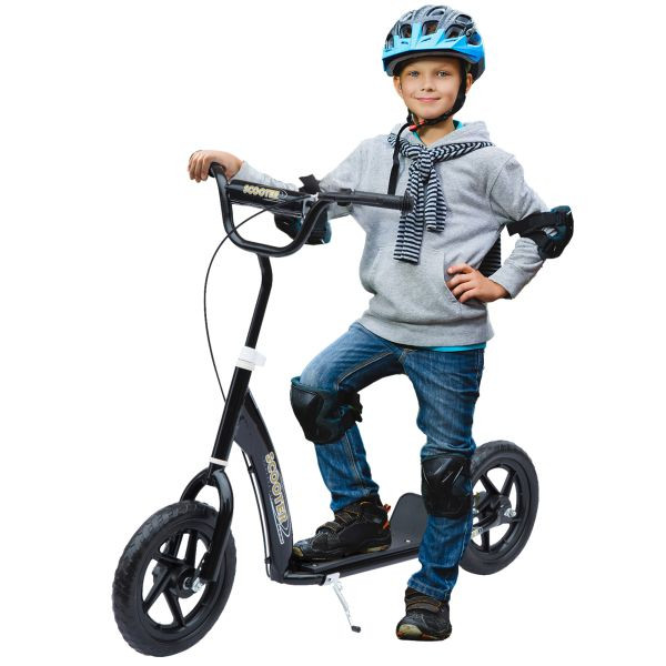 HOMCOM Kinderroller mit Hinterbremse 12 Zoll Scooter Tretroller EVA Schwarz, 371-027BK