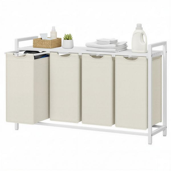 VASAGLE Wäschekorb, Wäschekorb mit 4 Fächern, ausziehbare und abnehmbare Wäschesäcke, 4 x 40L, 116 x 33 x 72 cm, weiße, BLH401W01