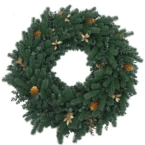 Mendler Künstlicher Kranz HWC-O98, Türkranz Tischkranz, Deko künstlich Ø 60cm, Tanne mit goldfarbenen Zapfen, 139600