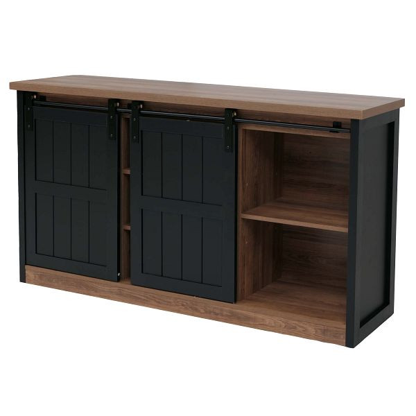 Mendler Sideboard HWC-K75, Highboard Regal Schrank Schiebetüre 7 Fächer Holz-Optik Industrial Metall 84x150x40cm, braun-schwarz, 111157+111158