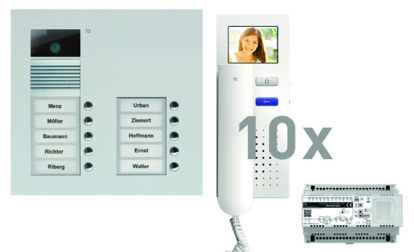 TCS Türkontrollsystem video:pack UP für 10 Wohneinheiten, mit Außenstation AVU 10 Klingeltasten, 10x Video Türtelefon IVH3222, Steuerung, PVU16100-0010