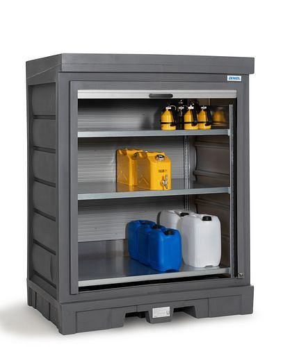 DENIOS PolySafe Gefahrstoffdepot D, mit Rollladen und Stahlregal für Kleingebinde, 271836