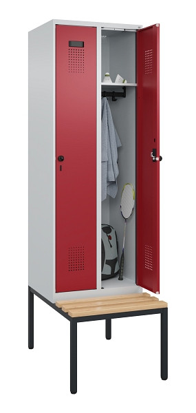 C+P Spind Evolo PLUS, 2 Abteil, 2120x600x815mm, 7035/3003, Drehriegel, Sitzfläche Buche-Hartholz, Sitzbank, 0490507-20 S10004