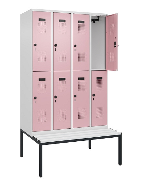 C+P Doppelstock-Spind Evolo PLUS, Bank, 8 Fächer, 2120x1200x815mm, 9016/3015, Drehriegel, Sitzfläche Kunststoff, Sitzbank, 0493507-40 S10099