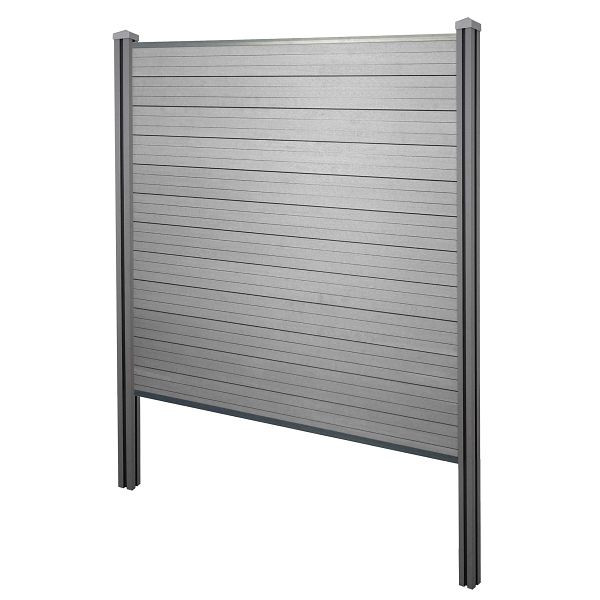 Mendler WPC-Sichtschutz Sarthe, Windschutz Zaun, WPC-Pfosten zum Einbetonieren, Basiselement, 195cm grau, 2x76246+3x76231+76234+76255